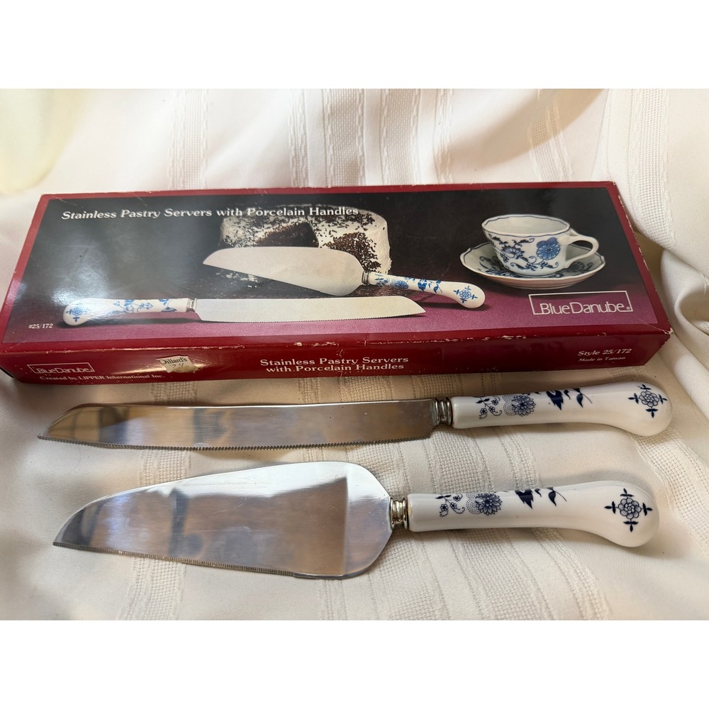 Blue Danube Stainless Pastry Server Set Porcelain Handles Blue Onion 25/172 2pc